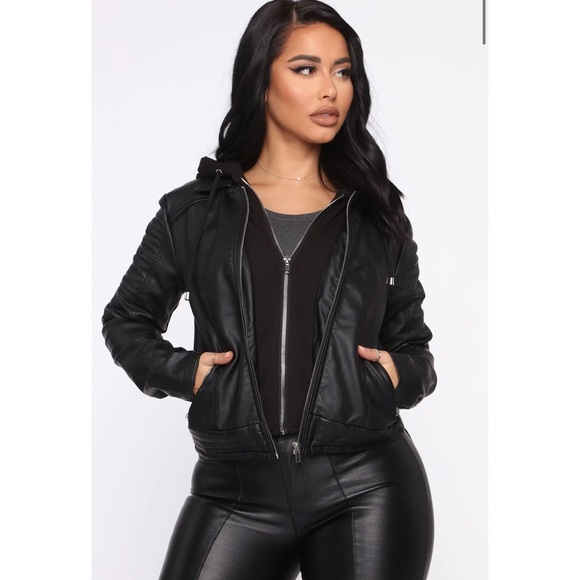 Black PU leather jacket double zipper closure hooded size s - Picture 2 of 7